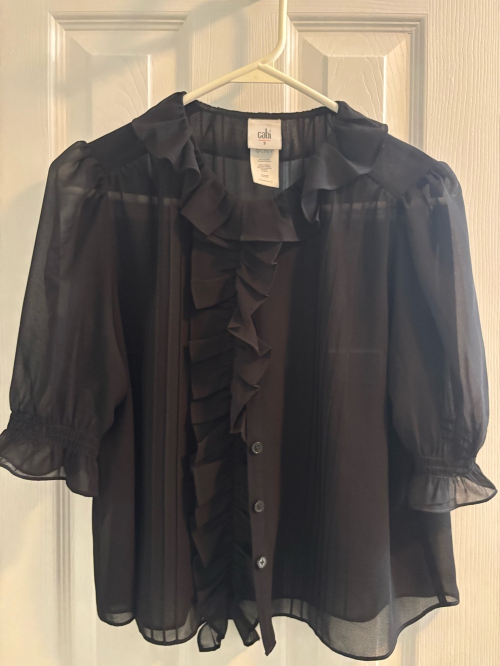 Cabi Cherish Blouse
Black Sheer Ruffle Button-Front Blouse